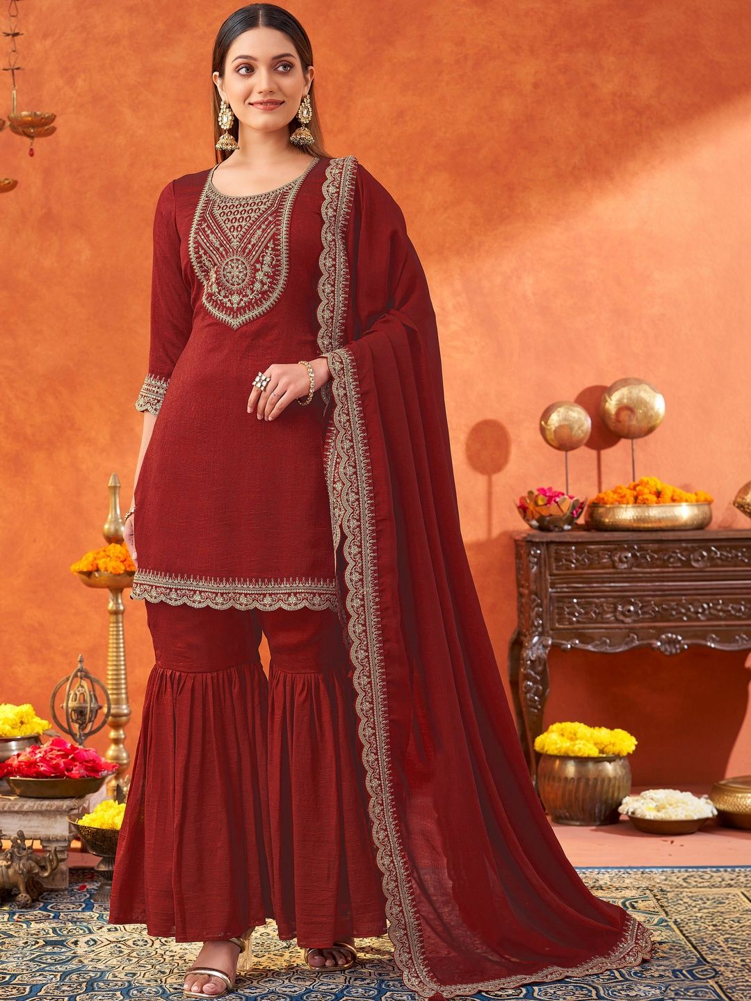 Dhiyona KL Women Ethnic Motifs Embroidered Regular Thread Work Kurta with Sharara & With Dupatta
