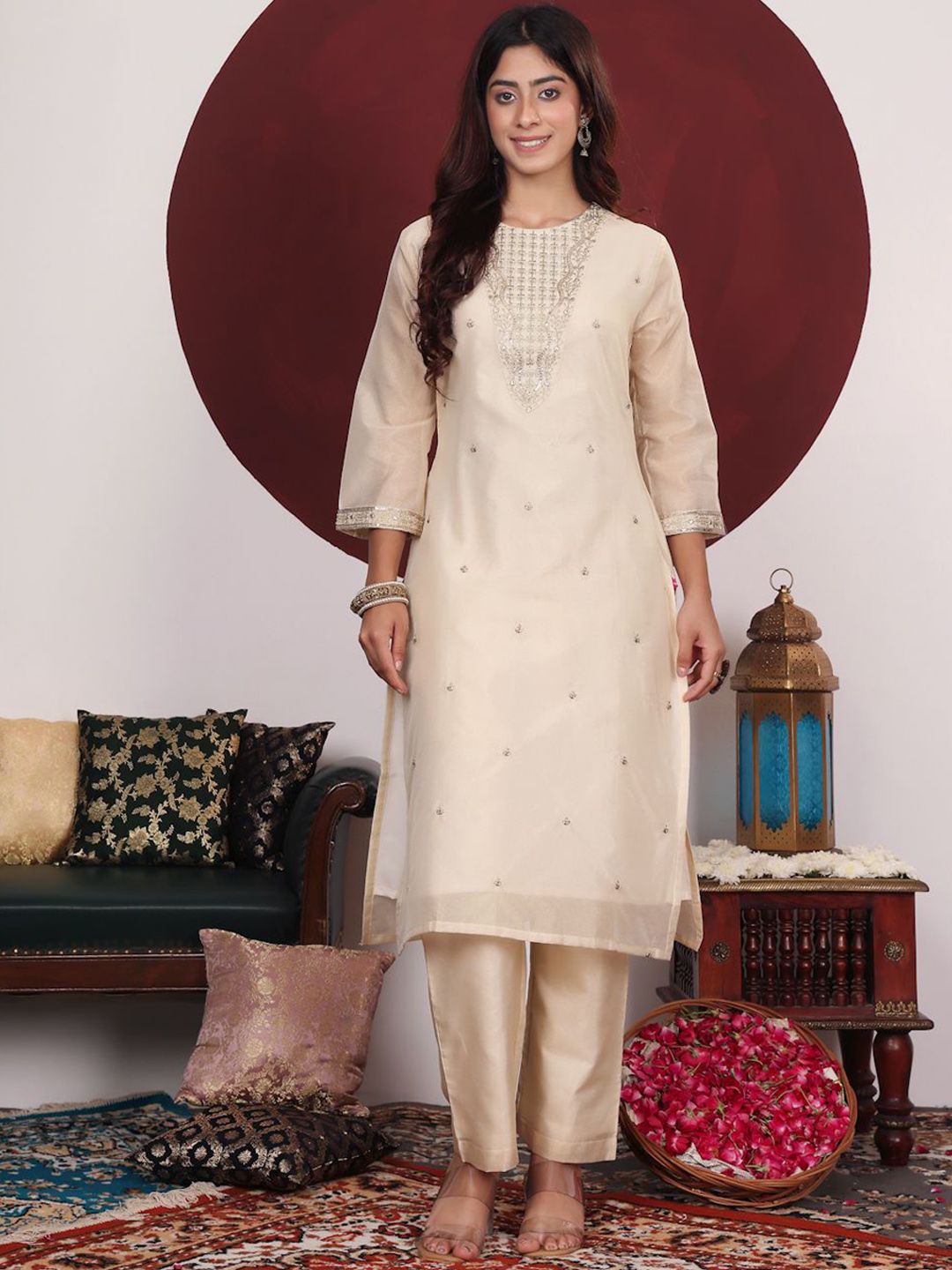 Dhiyona VA Cream-Coloured Floral Embroidered Sequined Kurta With Palazzos & Dupatta