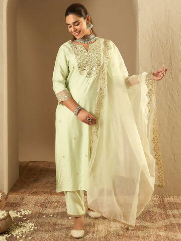 Women's Sea Green Embroidered Straight Kurta Trousers With Dupatta set