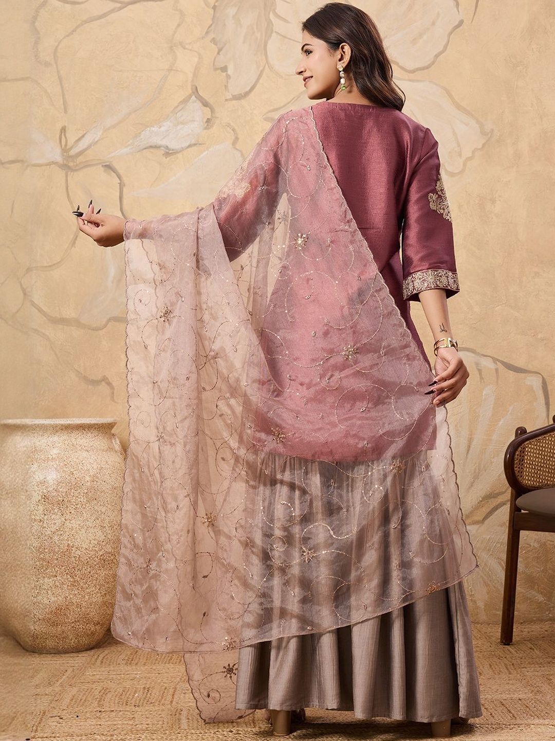 Dhiyona HOP Floral Embroidered V-Neck Sequinned Straight Kurta & Sharara With Dupatta