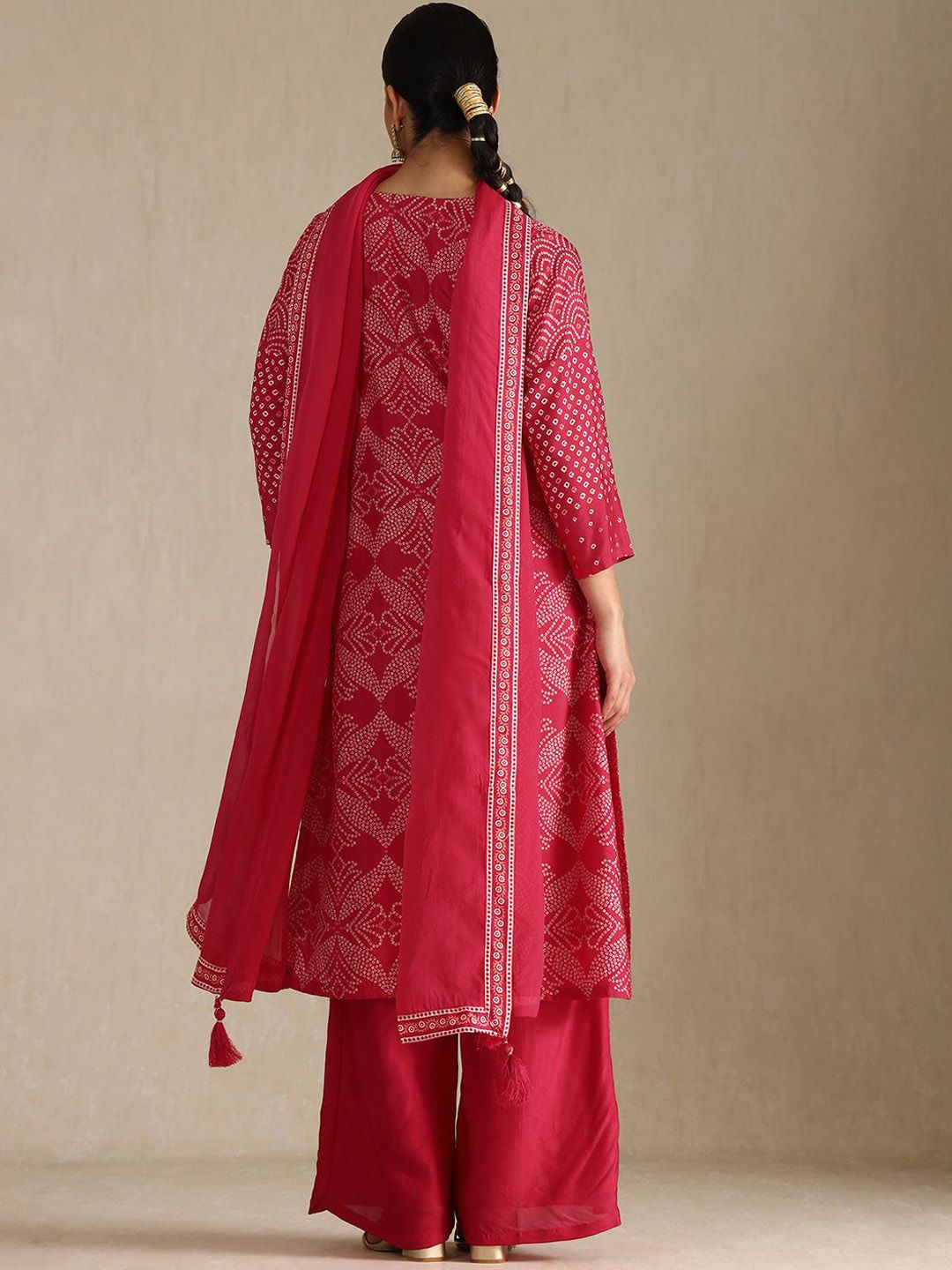 Dhiyona SO Women's Women Bandhani Striped Regular Zardozi Kurta with Palazzos & With Dupatta