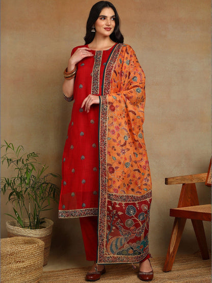 Women Ethnic Motifs Printed Regular Thread Work Chanderi Cotton Kurta with Trousers & With Dupatta