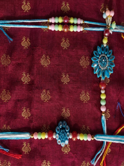 Dhiyona Set Of 4 Family Pack Beaded Thread Rakhi With Roli Chawal Chandan Mishri