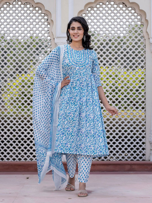 Dhiyona KL Women Floral Embroidered Regular Pure Cotton Kurta with Trousers & With Dupatta