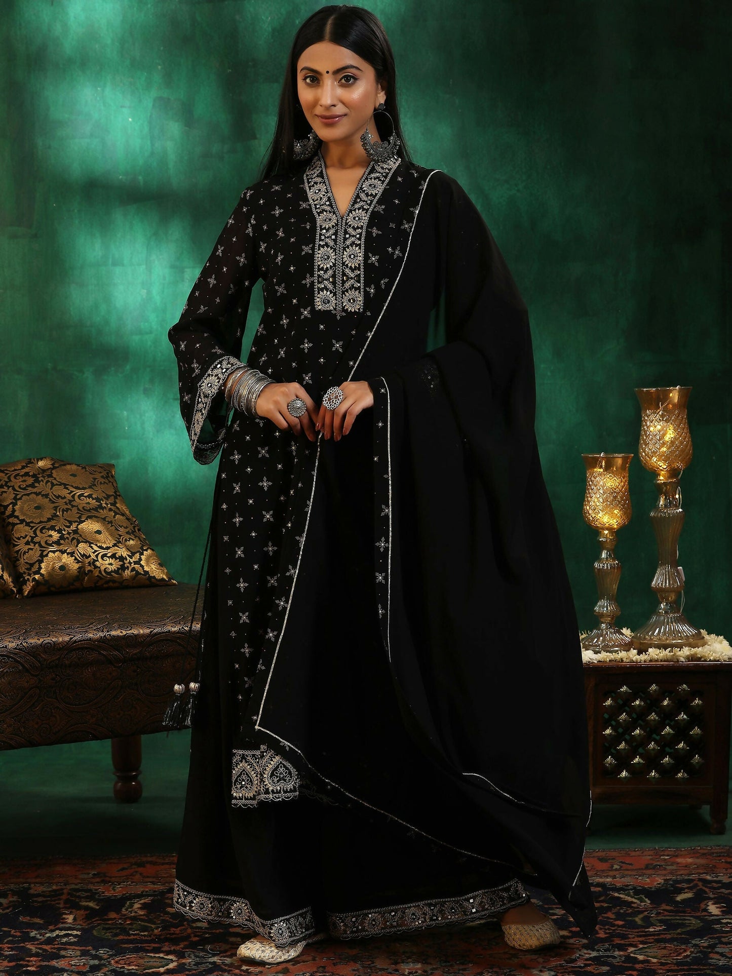 Women's LB Black Printed Georgette Straight Suit With Dupatta