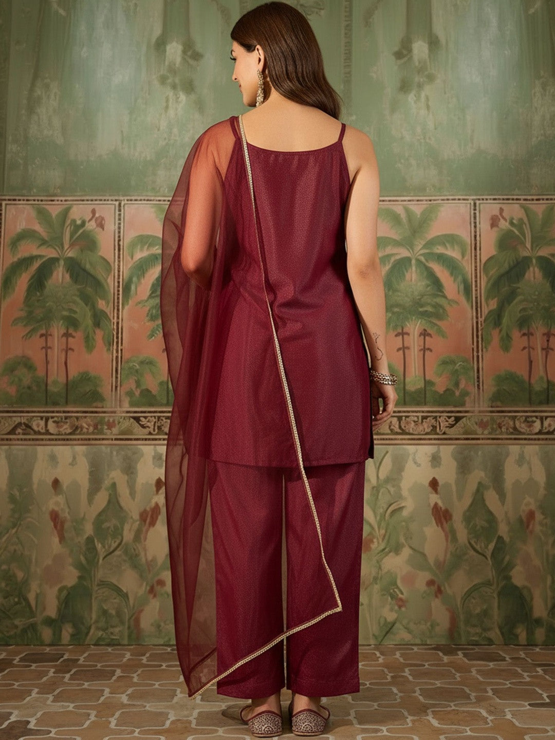 Embroidered Round Neck Kurta & Palazzos With Dupatta