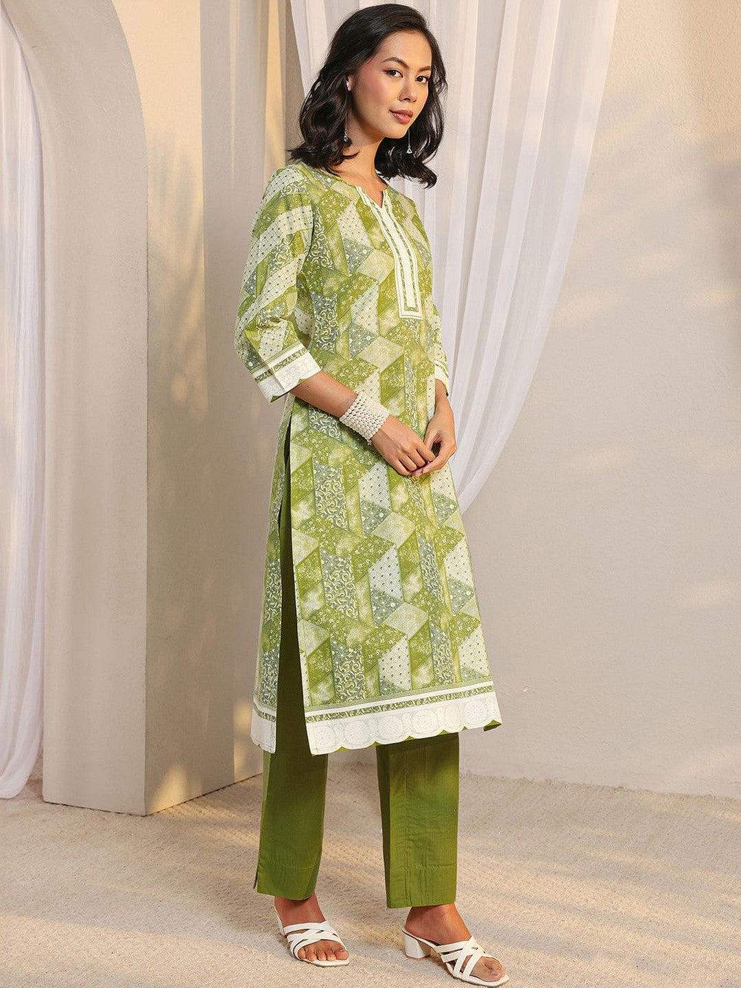 Libas Green Geometric Printed Straight Suit Set with Dupatta