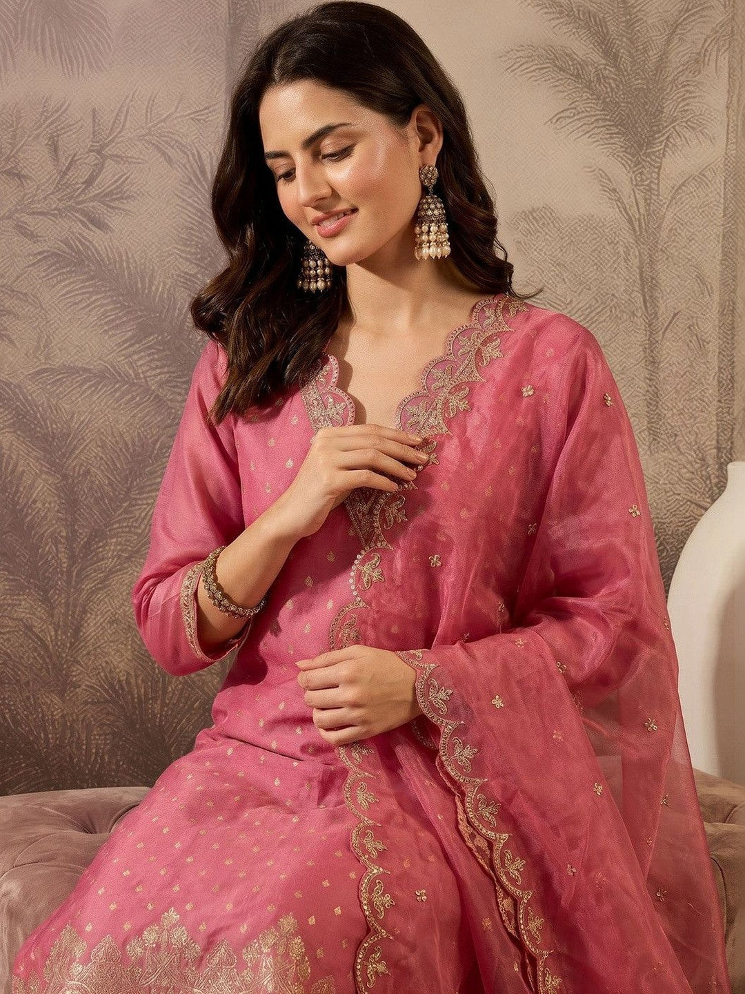 Printed V-Neck Kurta & Trousers With Dupatta