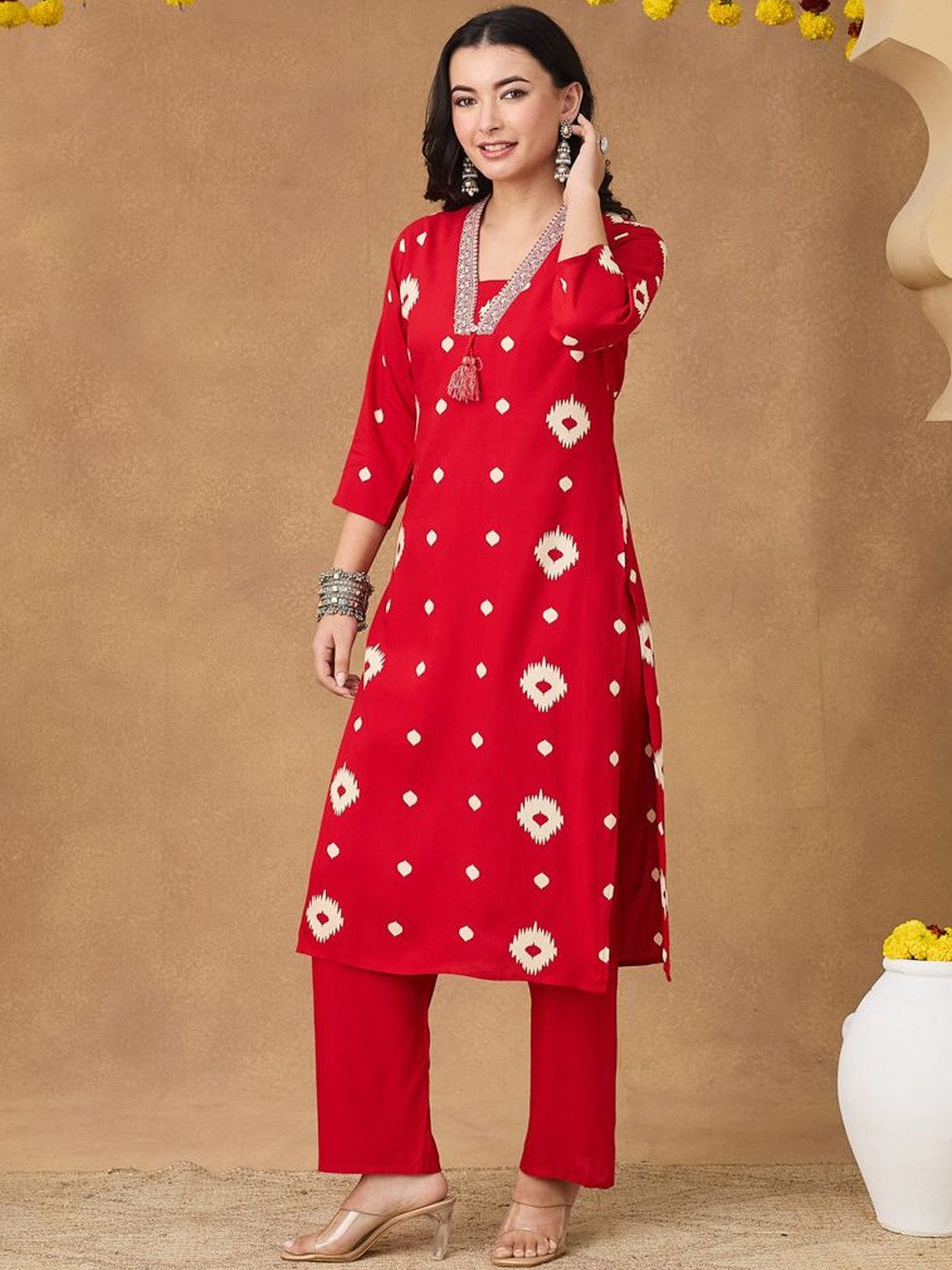 Women Ethnic Ikat Print Embroided Neck Kurta Set With Tasseled Dupatta