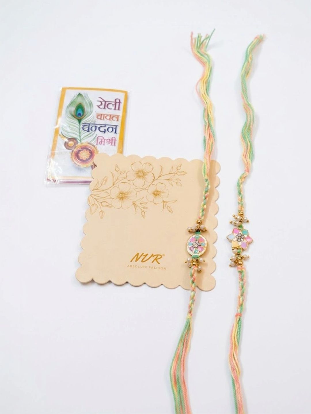 Dhiyona Set Of 2 Meenakari Floral Thread Rakhi With Roli Chawal Chandan Mishri