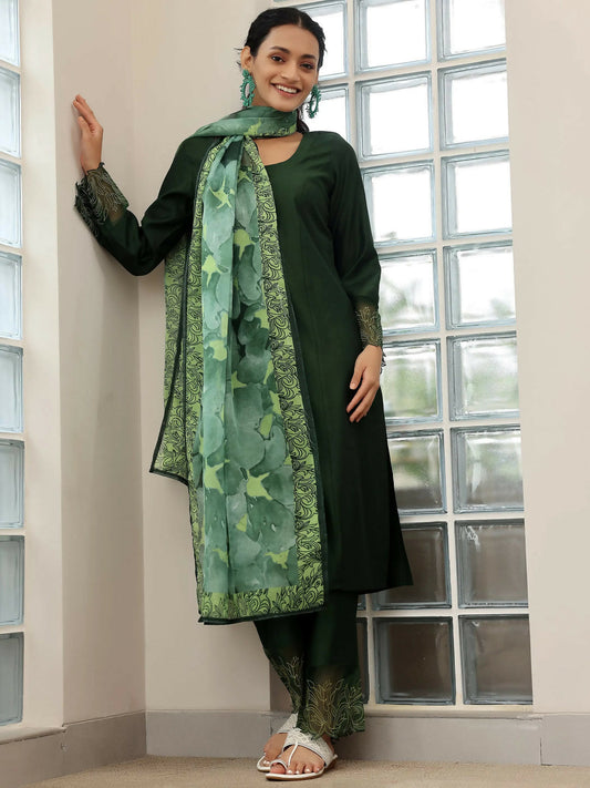 Women's LB Green Yoke Design Silk Blend Straight Suit With Dupatta