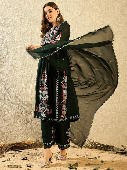 Dhiyona KL Floral Embroidered Thread Work Georgette Anarkali Kurta With Palazzo & Dupatta
