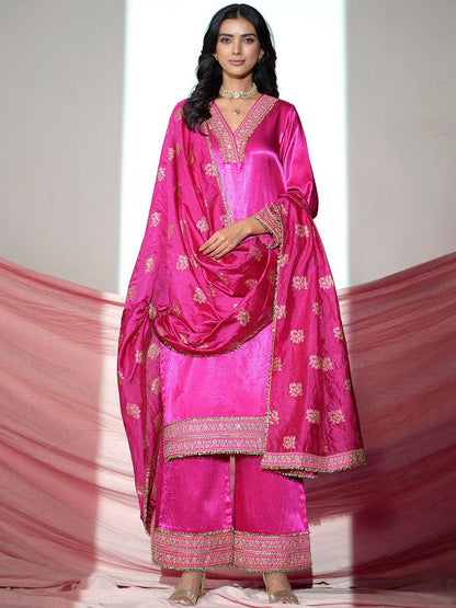 Dhiyona SN Floral Yoke Design V-Neck Sequinned Satin Kurta With Palazzos & Dupatta