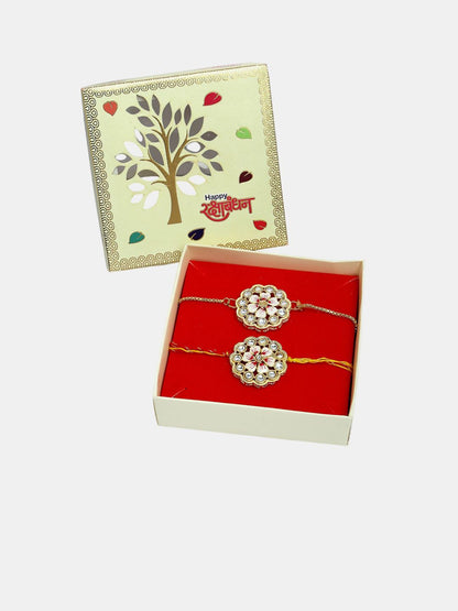 Dhiyona Unisex Set Of 2 Gold Kundan-Studded Bhaiya Bhabhi Rakhi Set With Roli Chawal