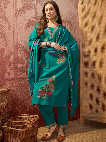 Embroidered Square Neck Kurta & Trousers With Dupatta