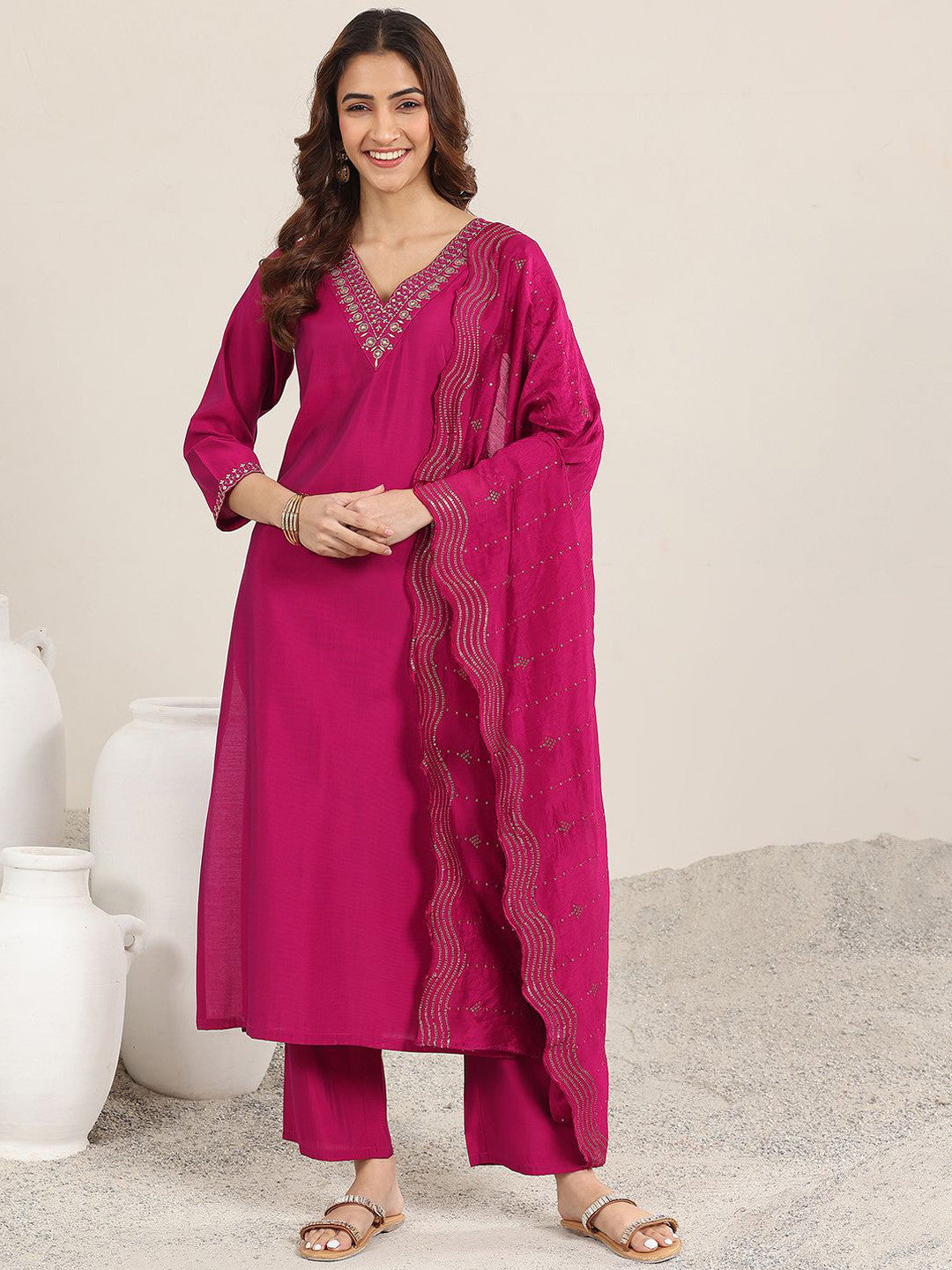Ethnic Motifs Yoke Design Straight Sequinned Kurta With Trousers & Dupatta