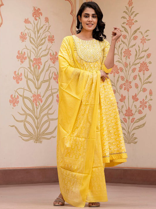 Dhiyona KL Floral Printed Mirror Work Anarkali Pure Cotton Kurta With Trousers & Dupatta