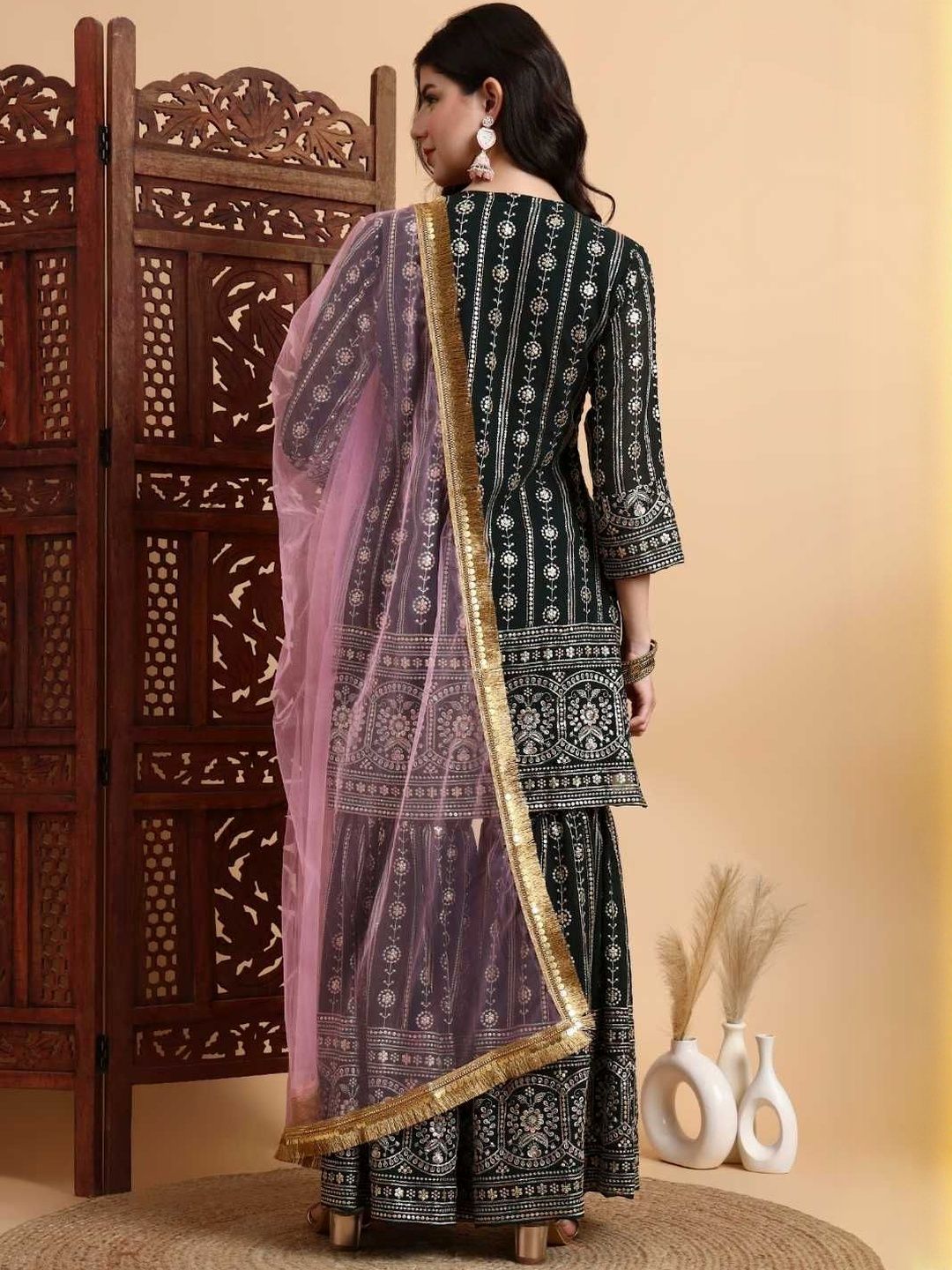 Dhiyona HOP Embroidered V Neck Kurta & Sharara With Dupatta