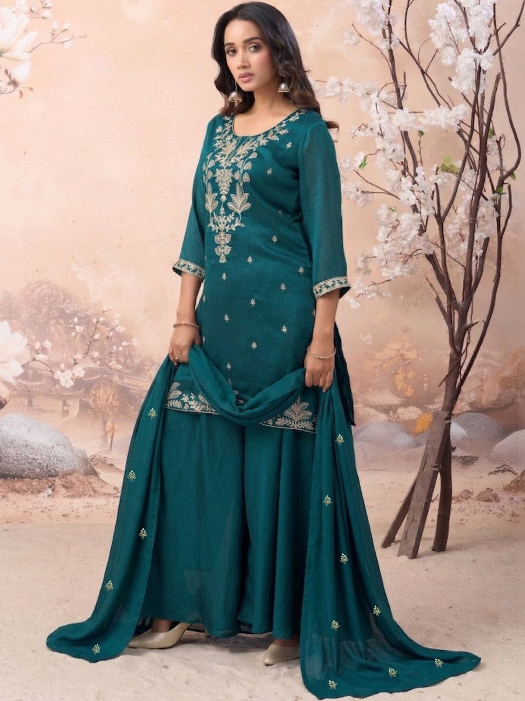 Embroidered Silk Blend Round Neck Kurta & Sharara With Dupatta