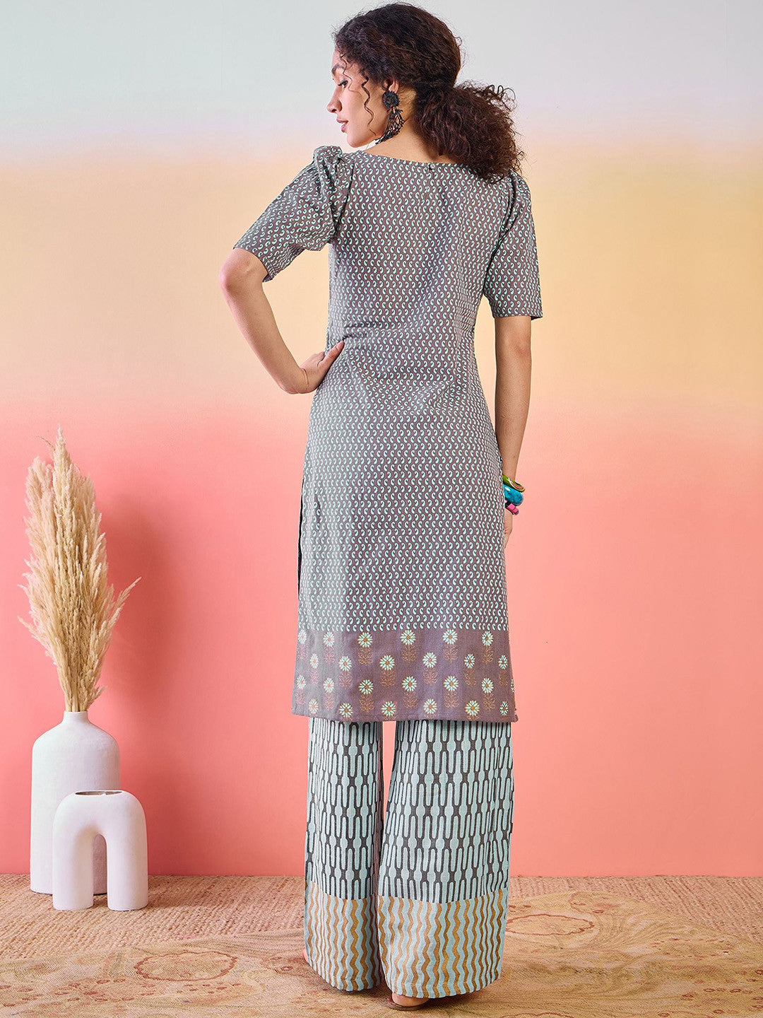 Paisley Printed Boat Neck Straight Kurta With Palazzo