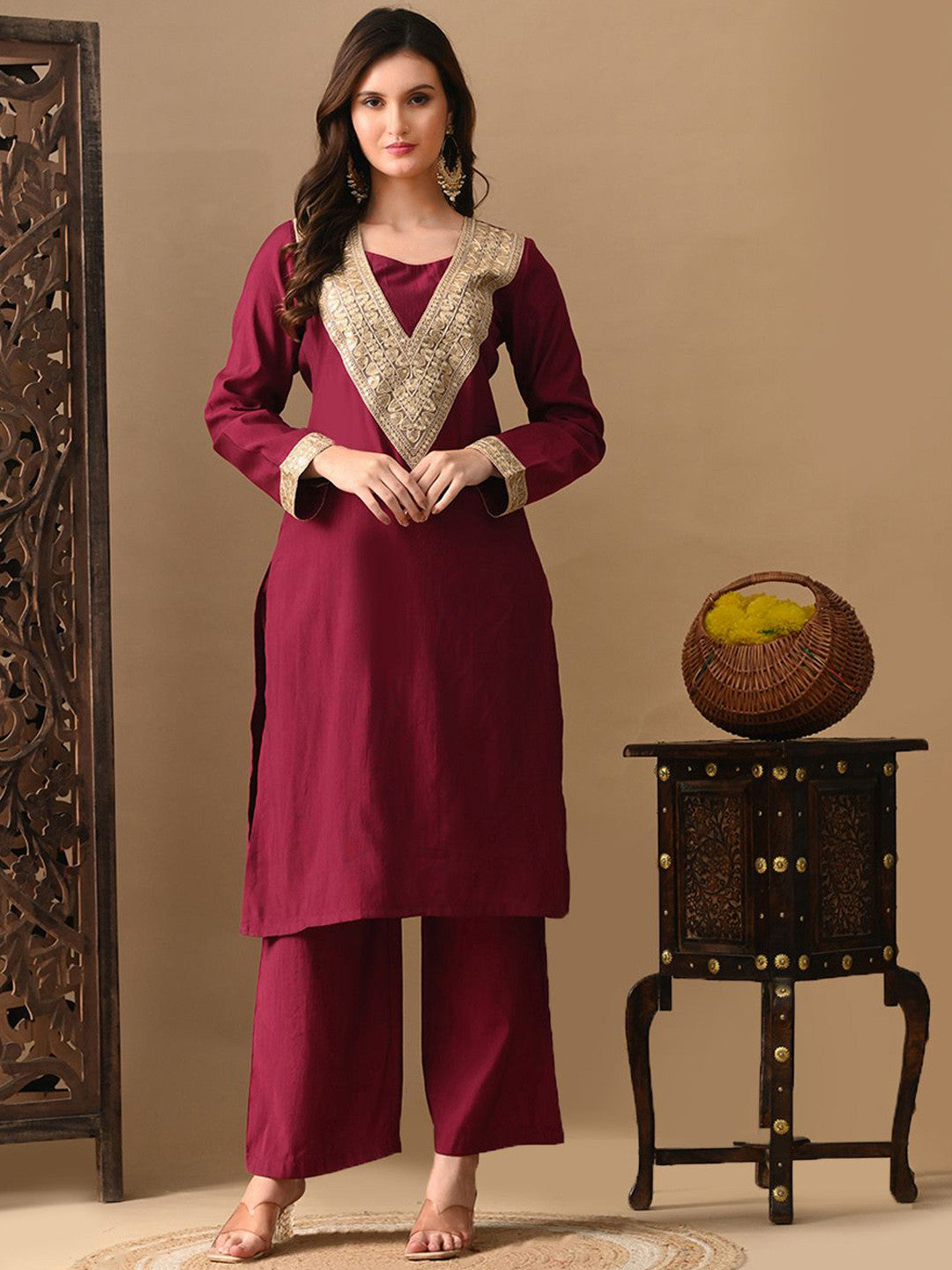 Embroidered Round Neck Long Sleeves Kurta & Trousers With Dupatta