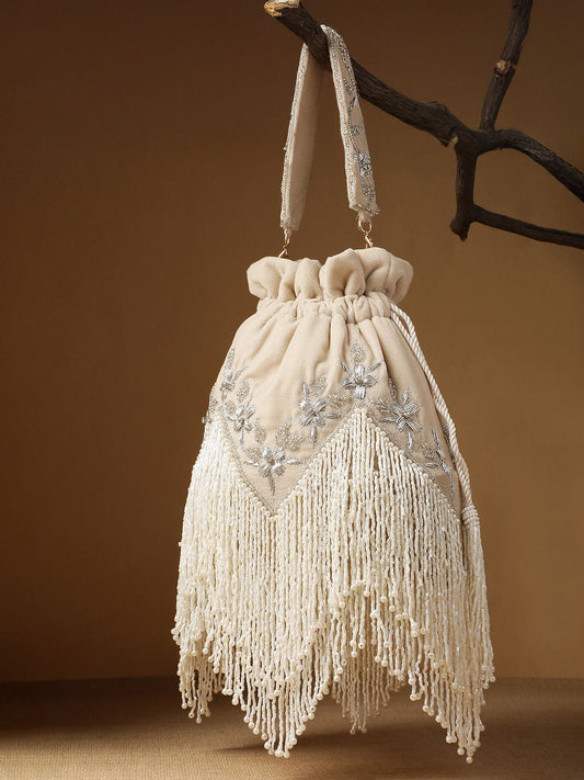 Dhiyona NR Dewdrop Fringe Ecru & Ivory Floral Zari Embroidered Velvet Potli