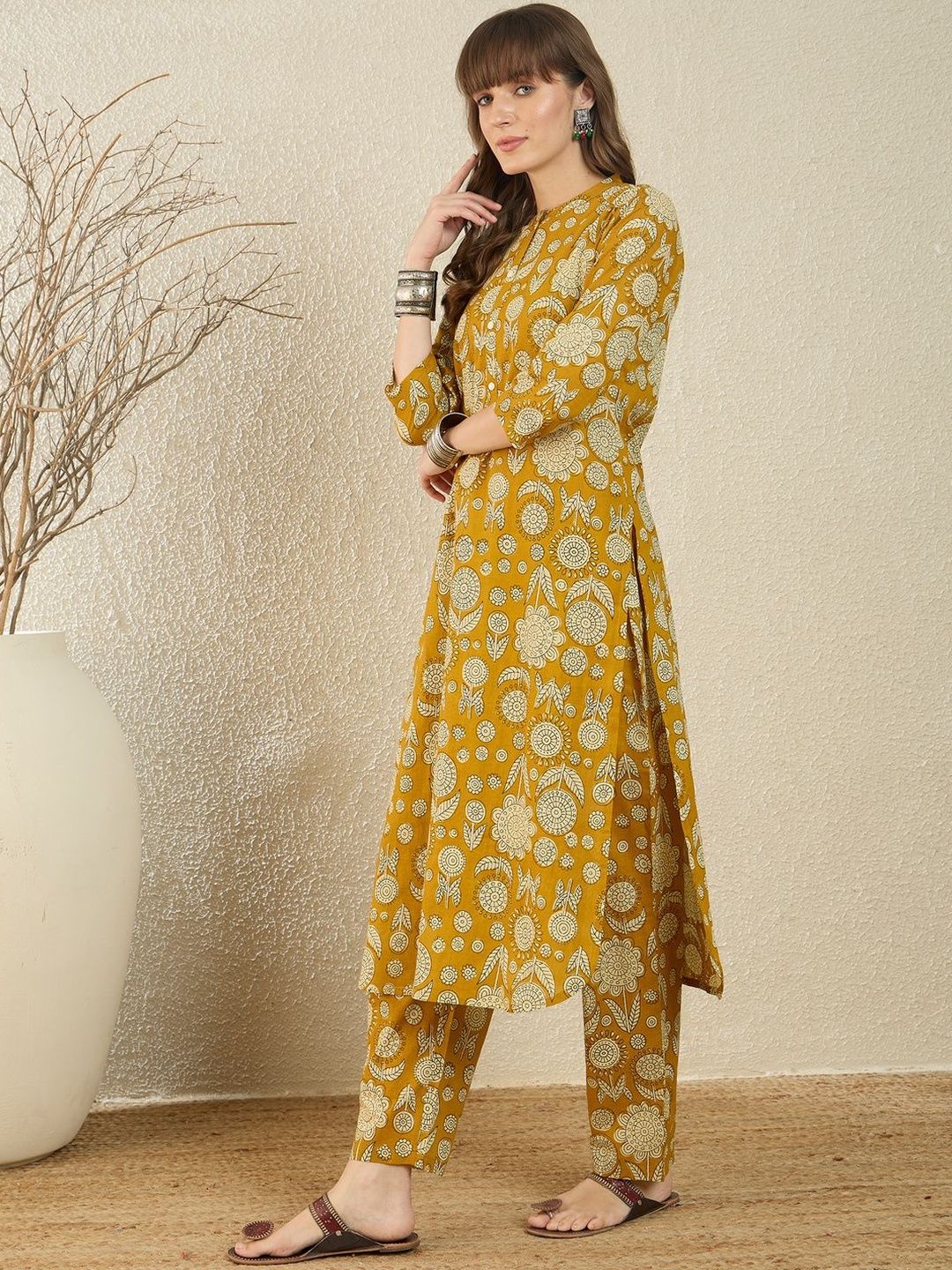 Dhiyona IE Printed Mandarin Collar Pure Cotton Top With Trousers