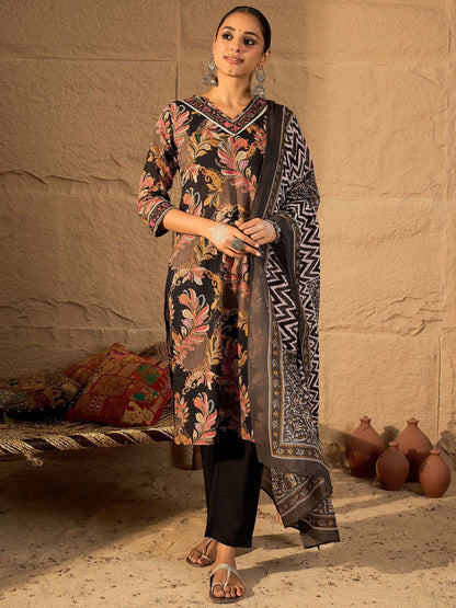 Dhiyona IE Women's Women Floral Embroidered Pure Cotton Kurta with Trouser & Dupatta