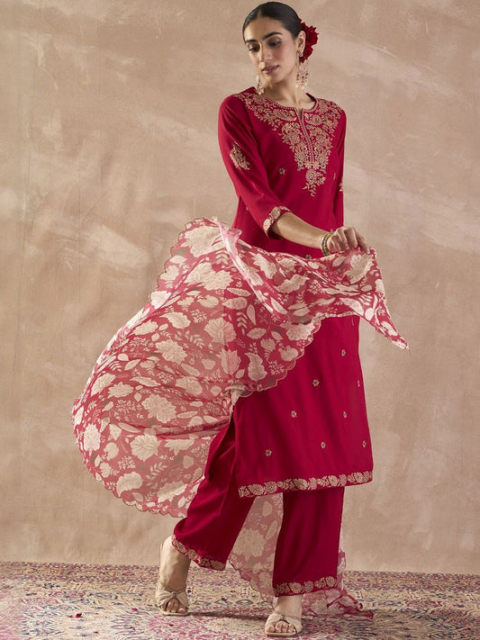 Ethnic Motifs Embroidered Thread Work Straight Kurta With Trousers & Dupatta