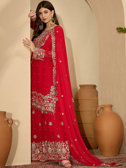 Dhiyona SN Red Faux Georgette Coding & Sequence With Pearl Work Kurta Sharara And Dupatta