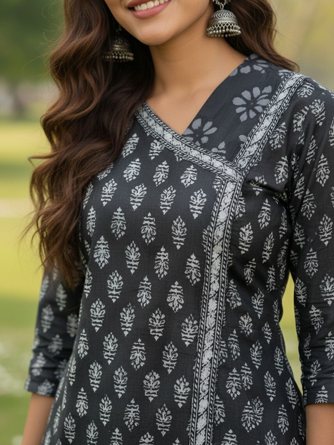 Black Ethnic Motifs Printed V-Neck Angrakha A-Line Kurta With Patiala & Dupatta