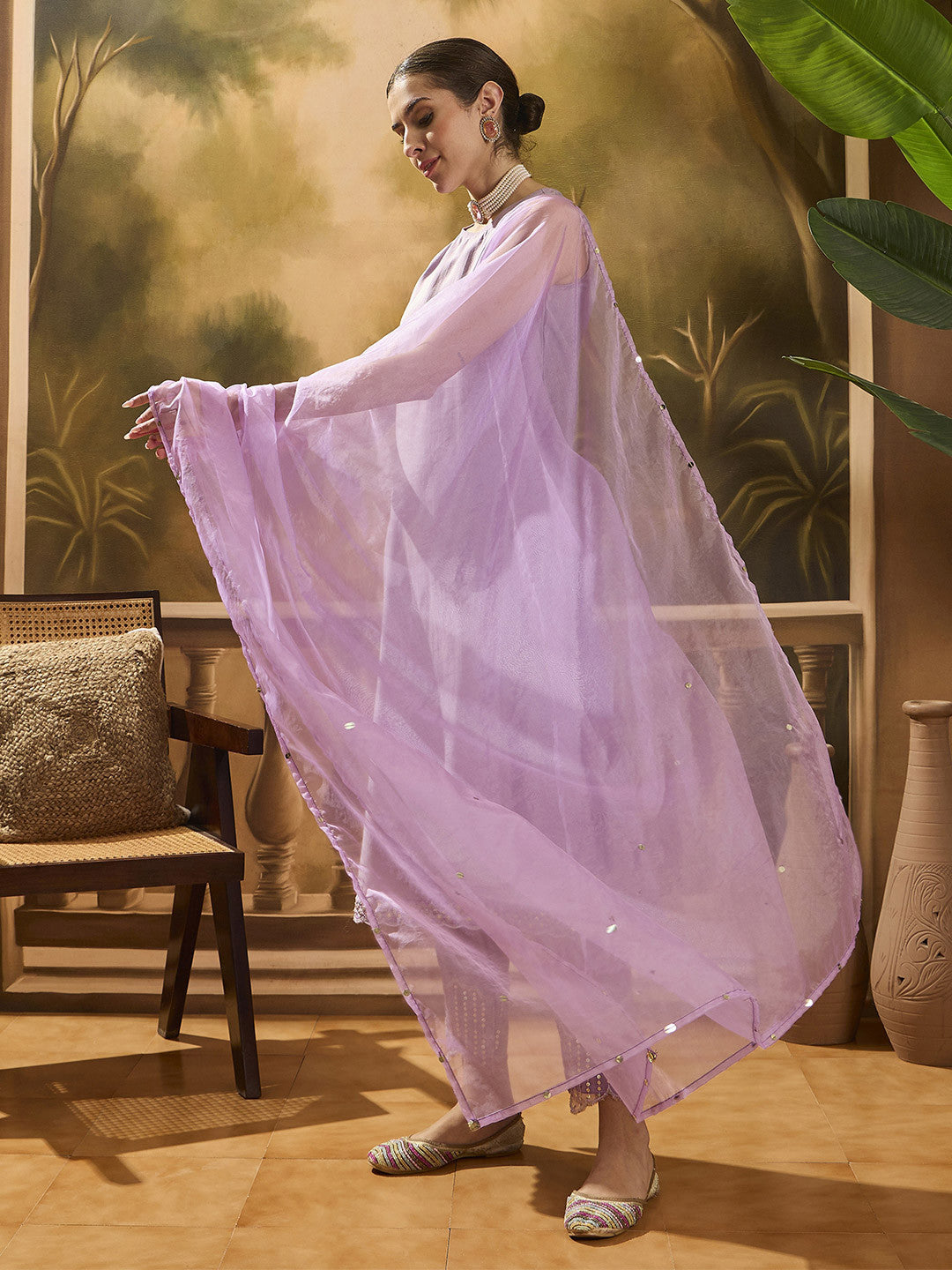Sleeveless Kurta With Trousers & Dupatta Set