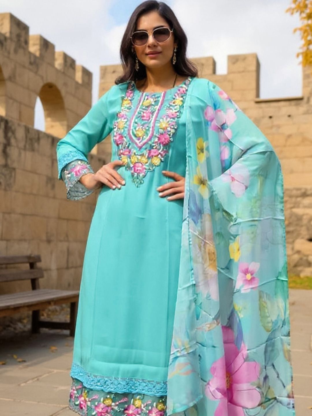 Dhiyona IE Floral Yoke Design Thread Work Straight Kurta With Trousers & Dupatta