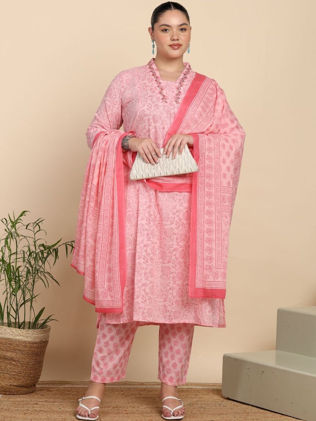 Dhiyona KL Women Ethnic Motifs Printed Regular Thread Work Pure Cotton Kurta with Trousers & With Dupatta