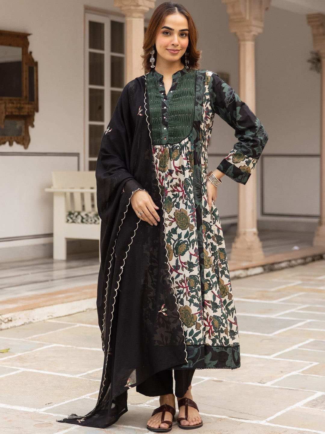 Dhiyona SN Printed Pure Cotton A-Line Kurta With Trousers & Dupatta