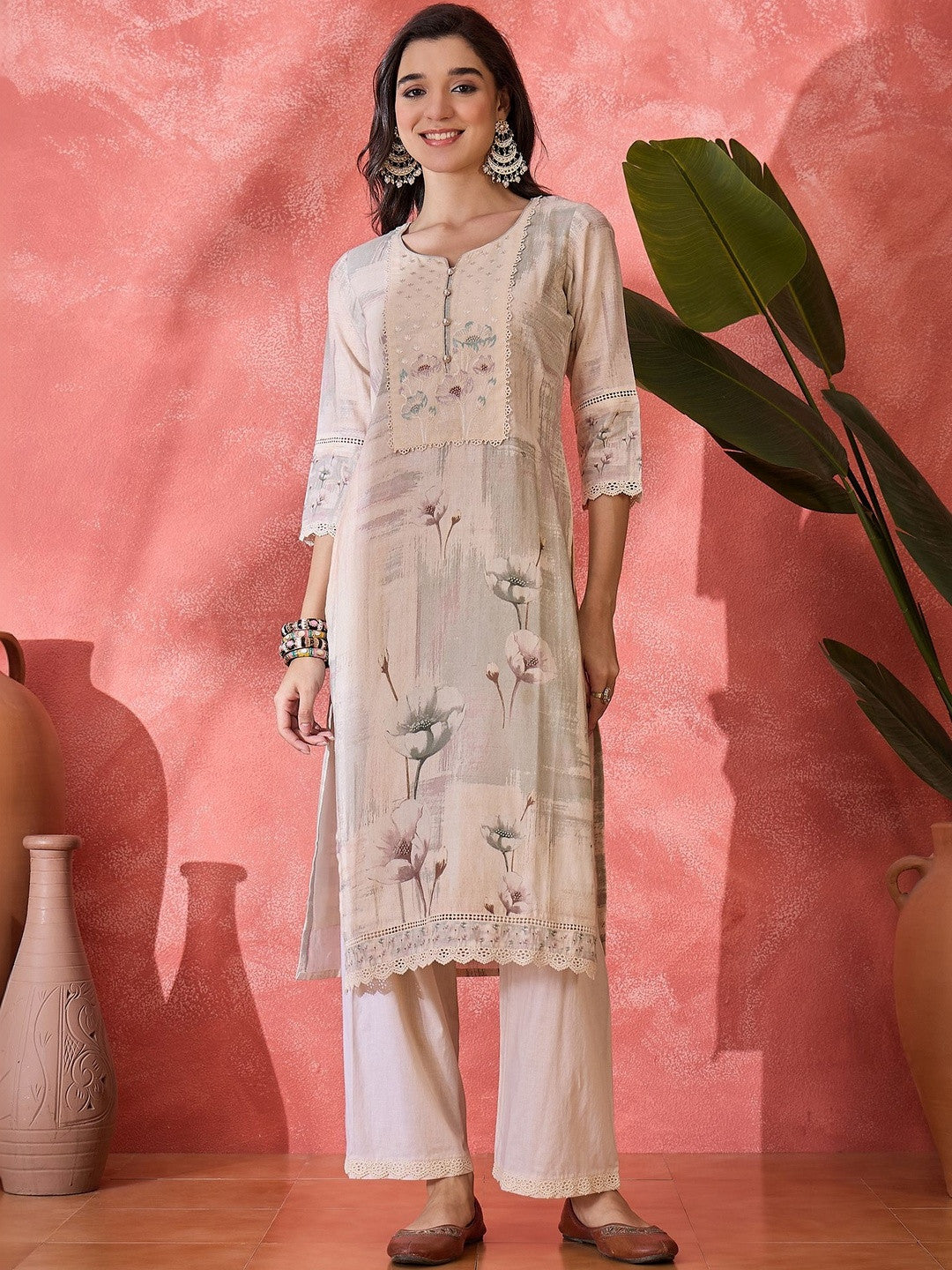 Embroidered Pure Cotton Round Neck Kurta & Trousers Kurta Set