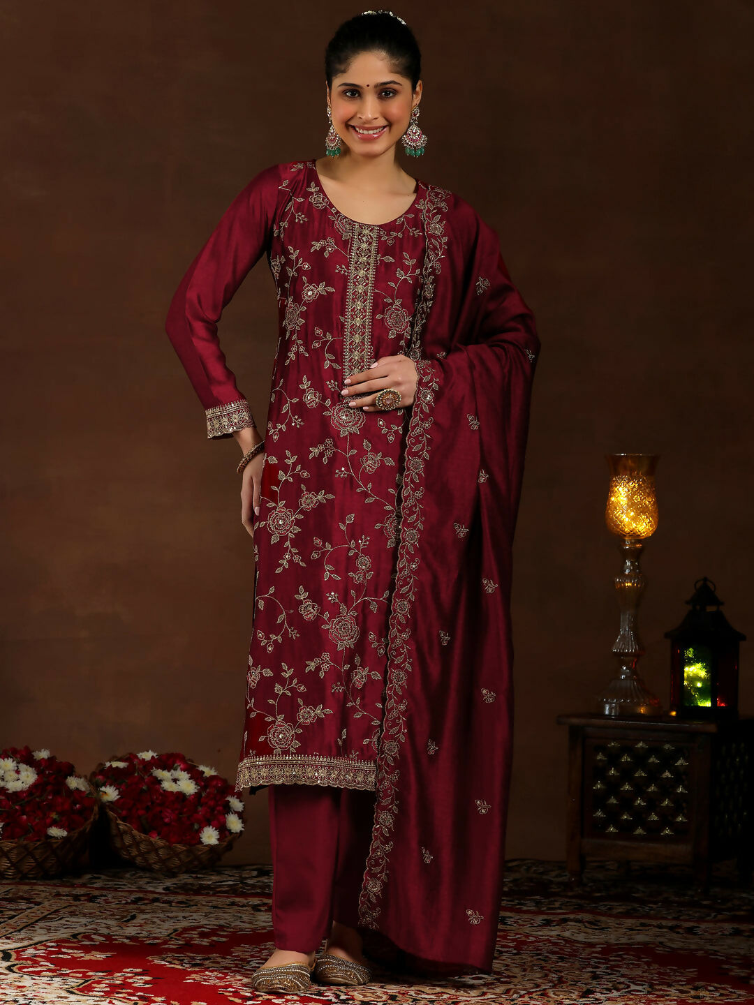 Women's LB Maroon Embroidered Silk Blend Straight Suit With Dupatta