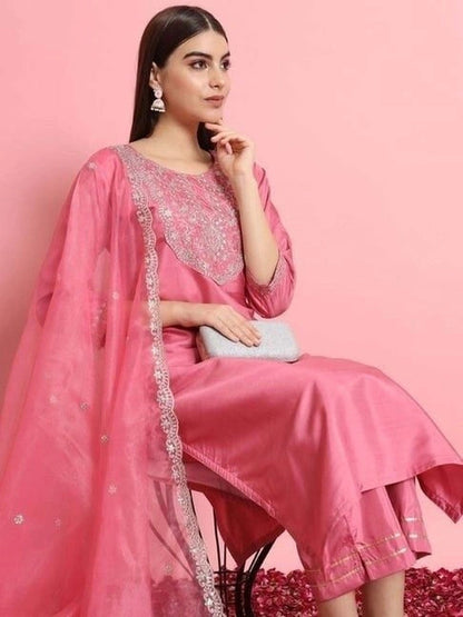 Women Embroidered Regular Kurta with Trousers & With Dupatta