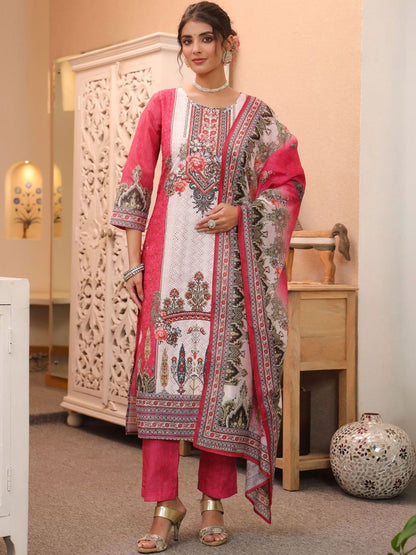 Dhiyona RR Women's Ethnic Motifs Printed Regular Pure Cotton Kurta with Trousers & With Dupatta