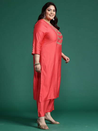 Women's Plus Size Pink Solid Straight Kurta Palazzos With Dupatta Set