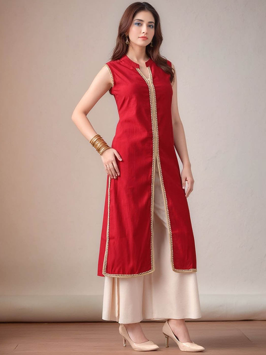 Mandarin Collar Sleeveless Gotta Patti Straight Kurta With Palazzo