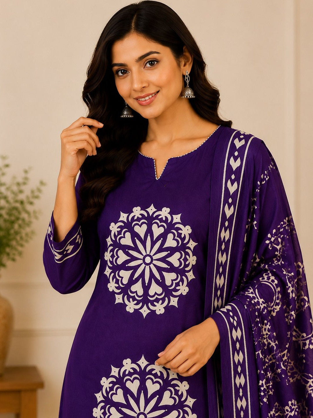 Women Ethnic Motifs Printed Regular Pure Cotton Kurta with Trousers & With Dupatta