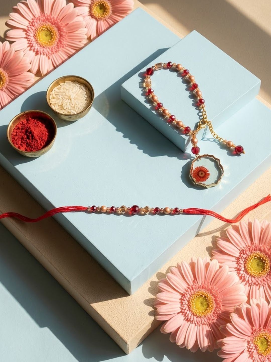 Dhiyona Set Of 2 Gold Toned Red Artificial Beads Bhaiya Bhabhi Rakhi