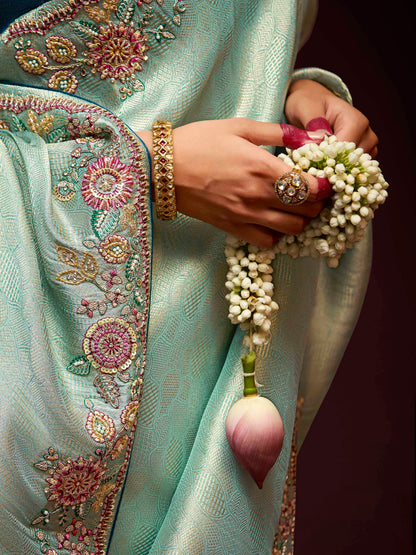 Dhiyona KM Women Elegant Sea Green Banarasi Silk Saree