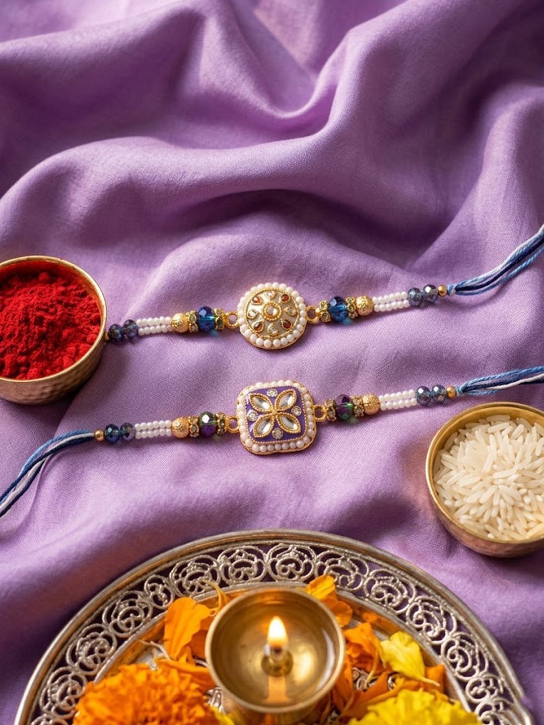 Dhiyona Set Of 2 White Pearls Thread Rakhi With Roli Chawal Chandan Mishri