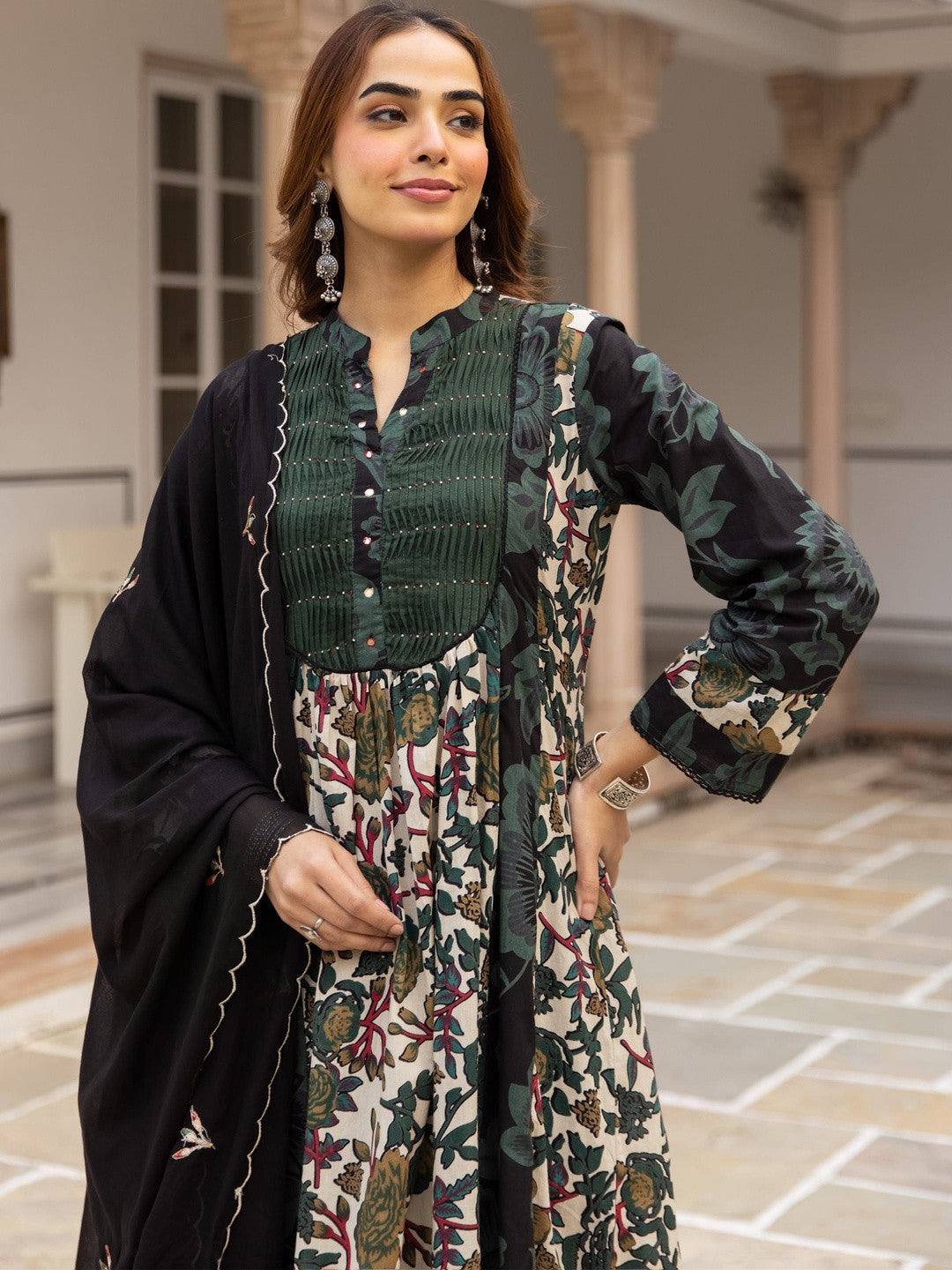 Printed Pure Cotton A-Line Kurta With Trousers & Dupatta