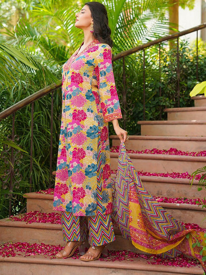 Dhiyona KL Floral Printed Pleated A-Line Kurta With Palazzos & Dupatta