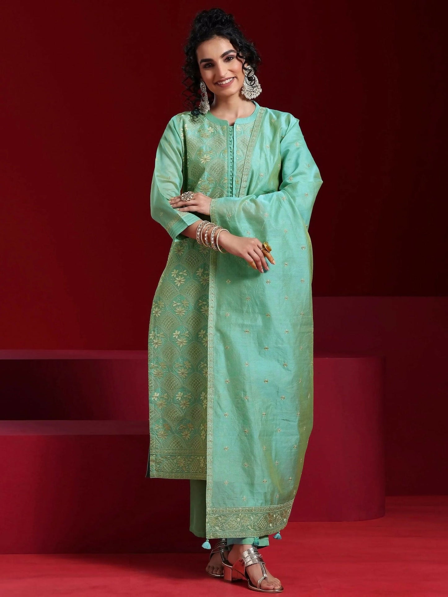 Women's LB Art Green Embroidered Chanderi Silk Straight Suit With Dupatta