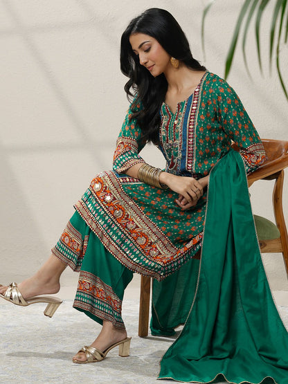 Dhiyona LL Women Ethnic Motifs Printed Regular Mirror Work Kurta with Palazzos & With Dupatta