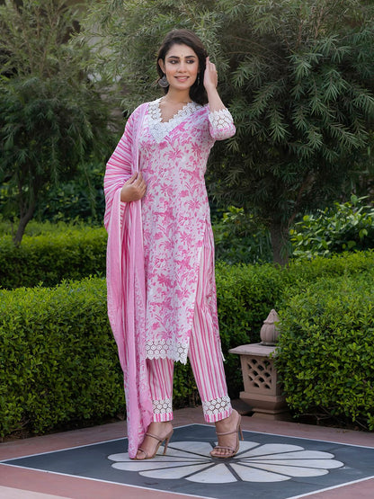 Dhiyona KL Women Floral Printed Regular Pure Cotton Kurta with Trousers & With Dupatta